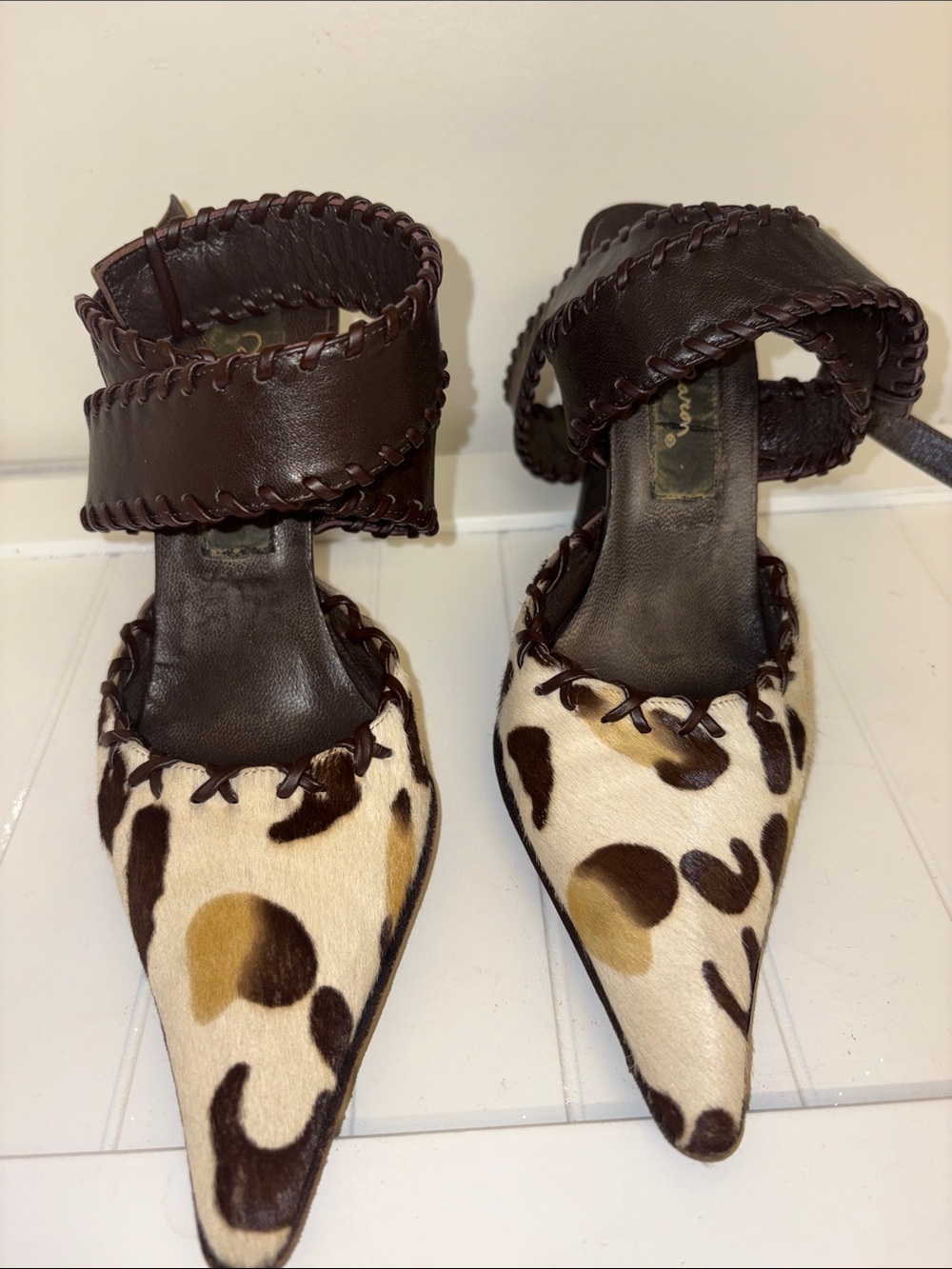 Leopard Print Pointed-Toe Heels with Brown Leather Ankle Strap
